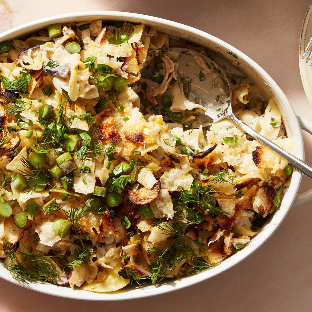 Herby Tuna Noodle Casserole with Potato Chip-Parm Topping