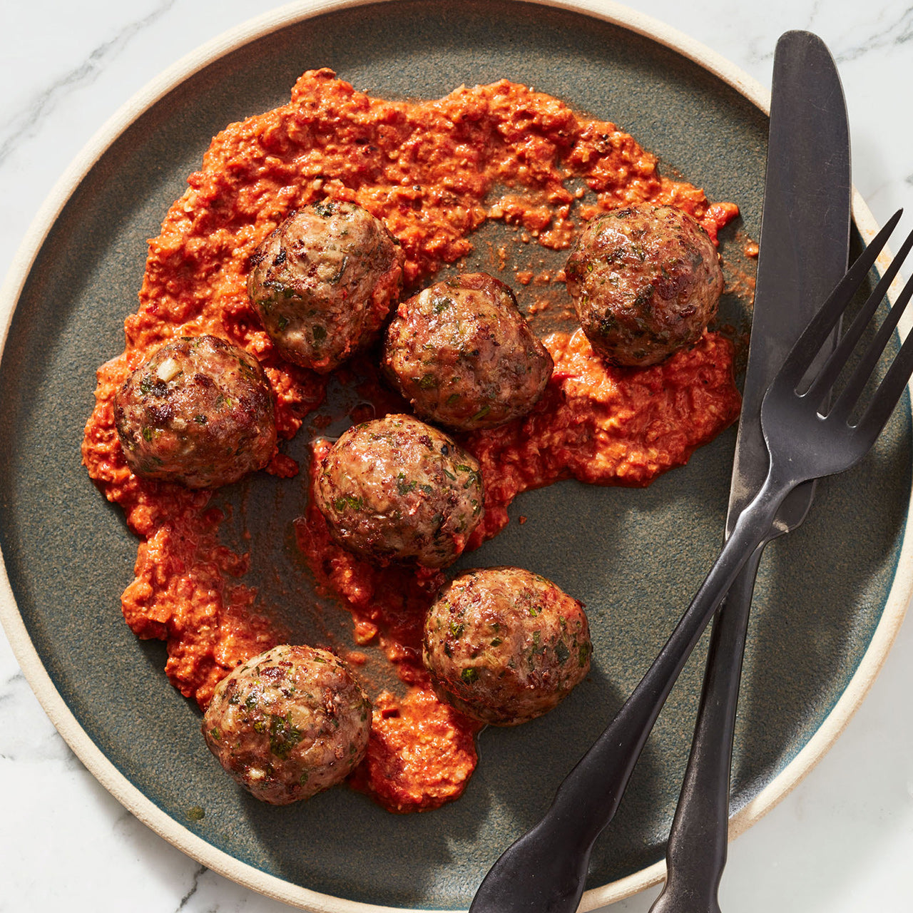 Beef & Chorizo Meatballs with Walnut Romesco