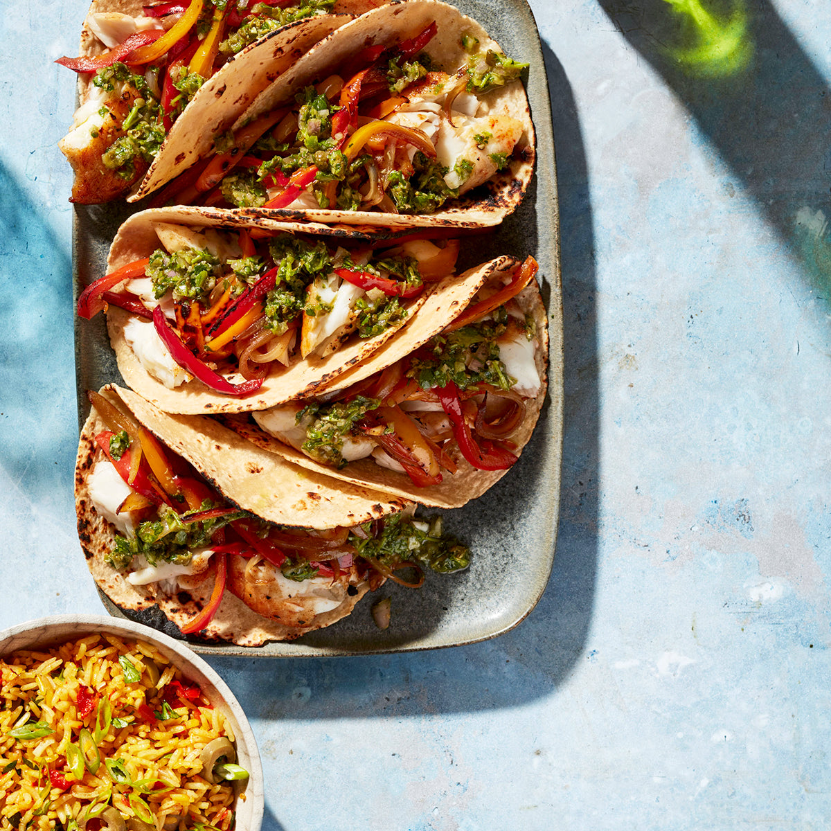 Tilapia Fajitas with Chimichurri and Saffron Rice with Olives