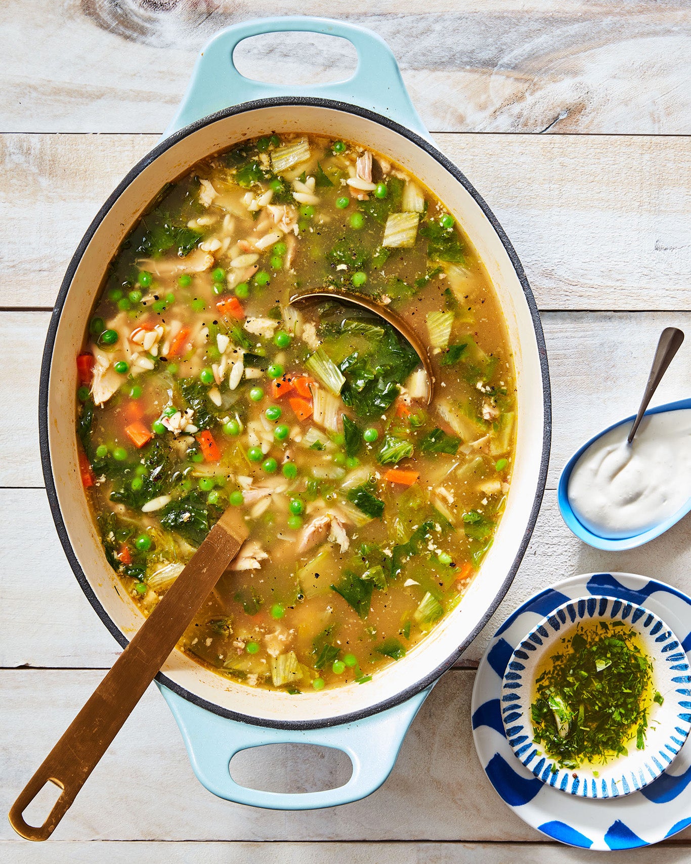 Chicken and Orzo Soup with Peas, Carrots, Ranch Herb Sauce