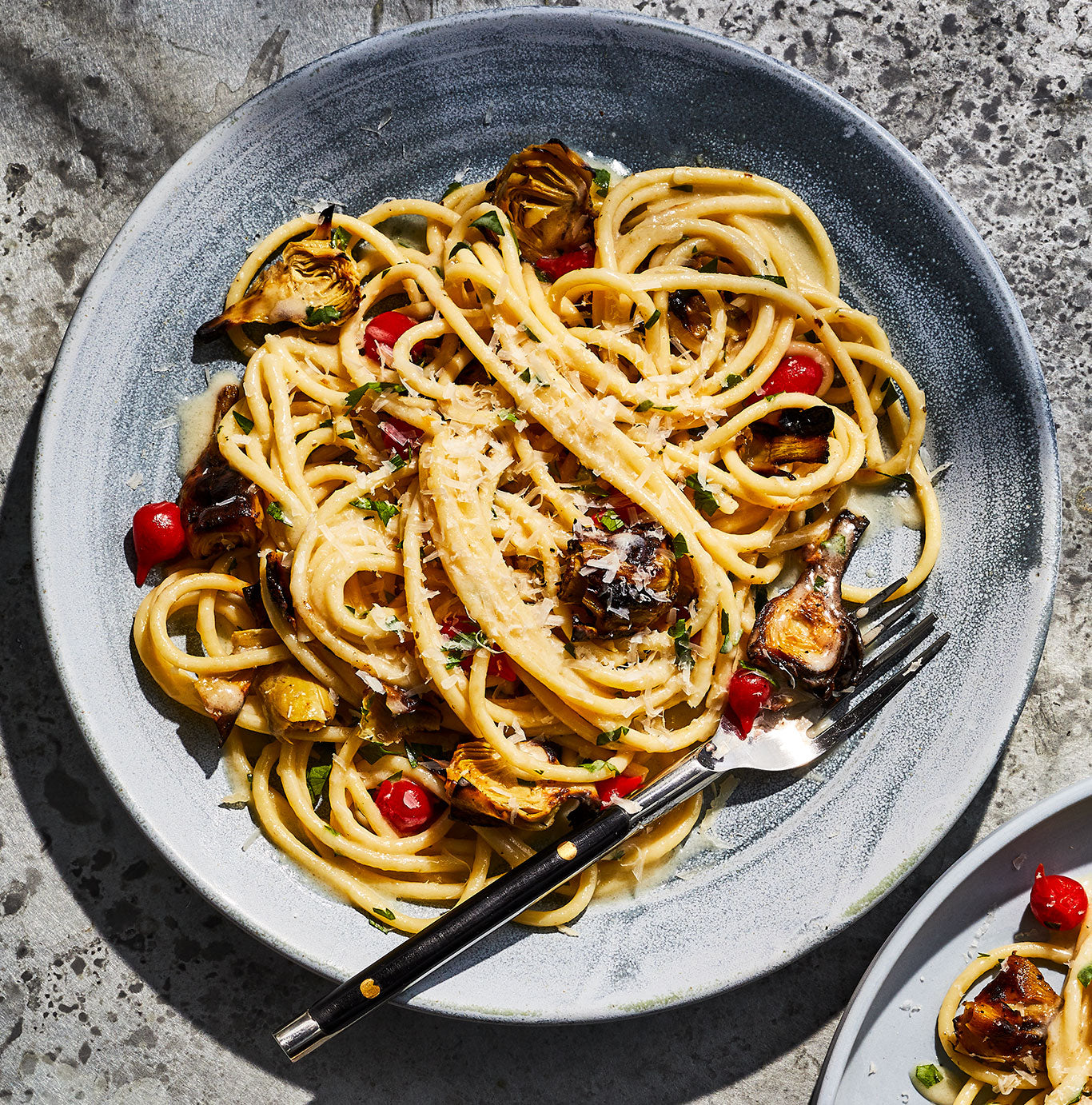 Artichoke Bucatini with Peppers & Parm