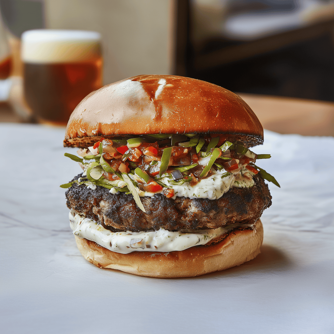 Herby Lamb Burgers with Shaved Asparagus & Tahini-Yogurt Sauce Recipe