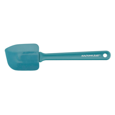 Turquoise silicone spatula with a hole in the handle.