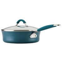 Ceramic Nonstick Saute Pan with glass lid and teal handle, isolated on white.