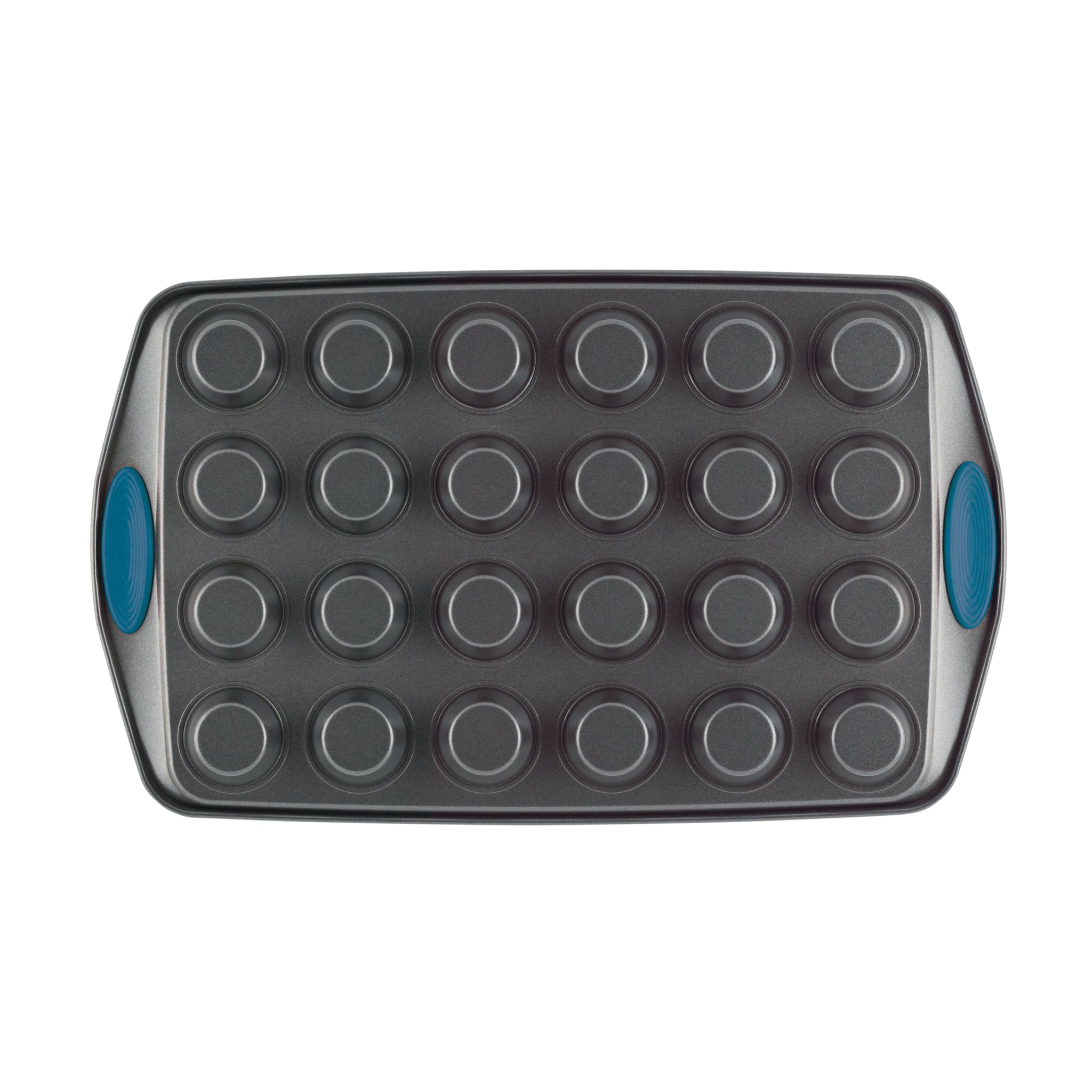 A 24-cup nonstick mini muffin pan with blue silicone handles.
