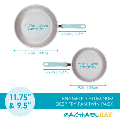 Two enameled aluminum deep fry pans with turquoise handles and measurements.