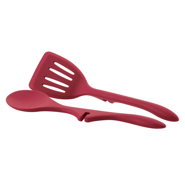 Red silicone slotted spatula & spoon set pairs well with this nonstick cookware.