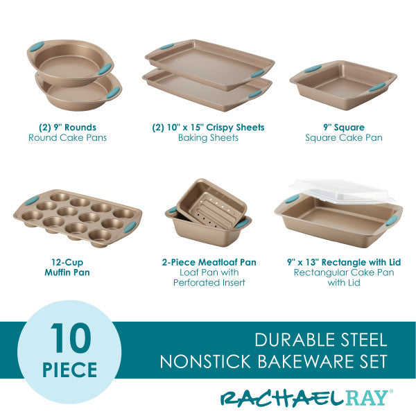 The 10-Piece Nonstick Bakeware Set by Rachael Ray, made from heavy gauge steel, offers an assortment of pans to meet all your baking needs. This durable and oven-safe collection guarantees even heat distribution for consistently perfect results.