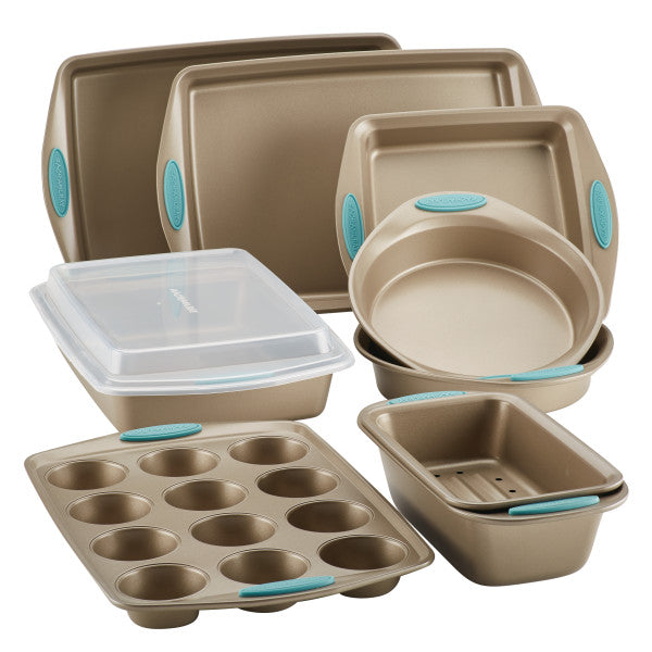 A 10-piece nonstick bakeware set featuring various metal baking pans with teal handles, made from heavy gauge steel for durability and even cooking.