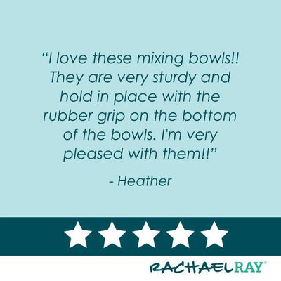 Quote praising sturdy mixing bowls with a five-star rating and Rachael Ray logo.