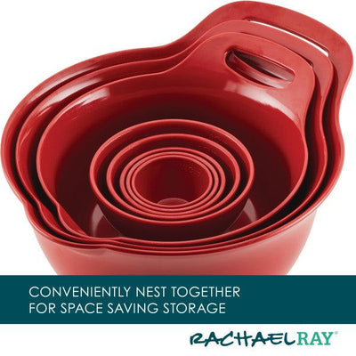 Red nesting mixing bowls with handles for space-saving storage.