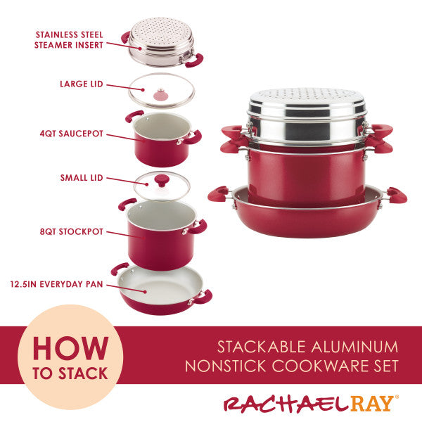Exploded view of stacking the 8-Piece Stacking Nonstick Induction Cookware Set.