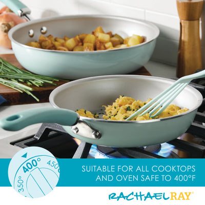 Skillet with pasta frying on stovetop, potatoes in another pan in background.