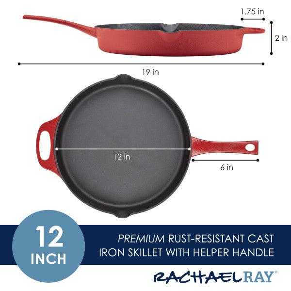 12-Inch NITRO Cast Iron Skillet, pre-seasoned and in red, features a long handle and an additional helper handle for easy maneuvering.