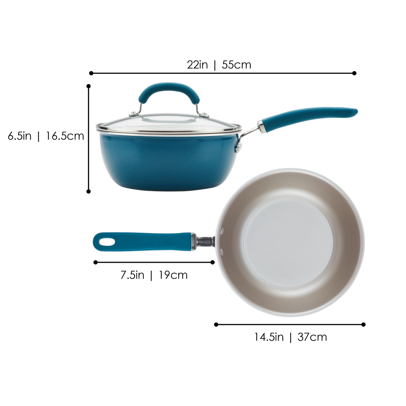 Blue saucepan with lid and dimensions, shown from side and top views.