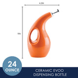 Orange ceramic EVOO bottle, 24 oz, with dimensions shown: 4.5" wide, 9" tall.