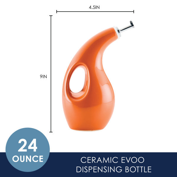 Orange ceramic EVOO bottle, 24 oz, with dimensions shown: 4.5" wide, 9" tall.