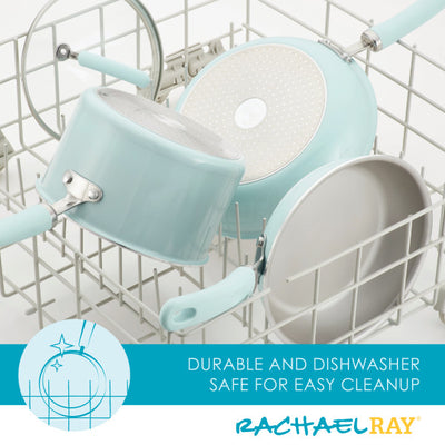 Three light blue cookware pieces in a dishwasher rack, branded Rachael Ray.