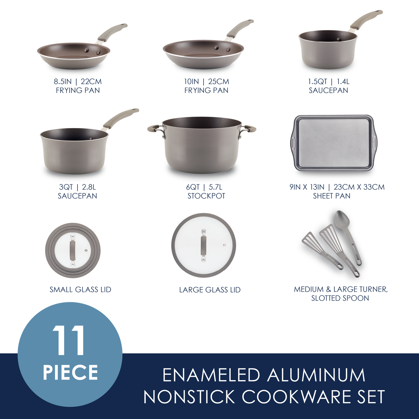 11-piece enameled aluminum nonstick cookware set with utensils and lids.