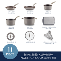 11-piece enameled aluminum nonstick cookware set with utensils and lids.