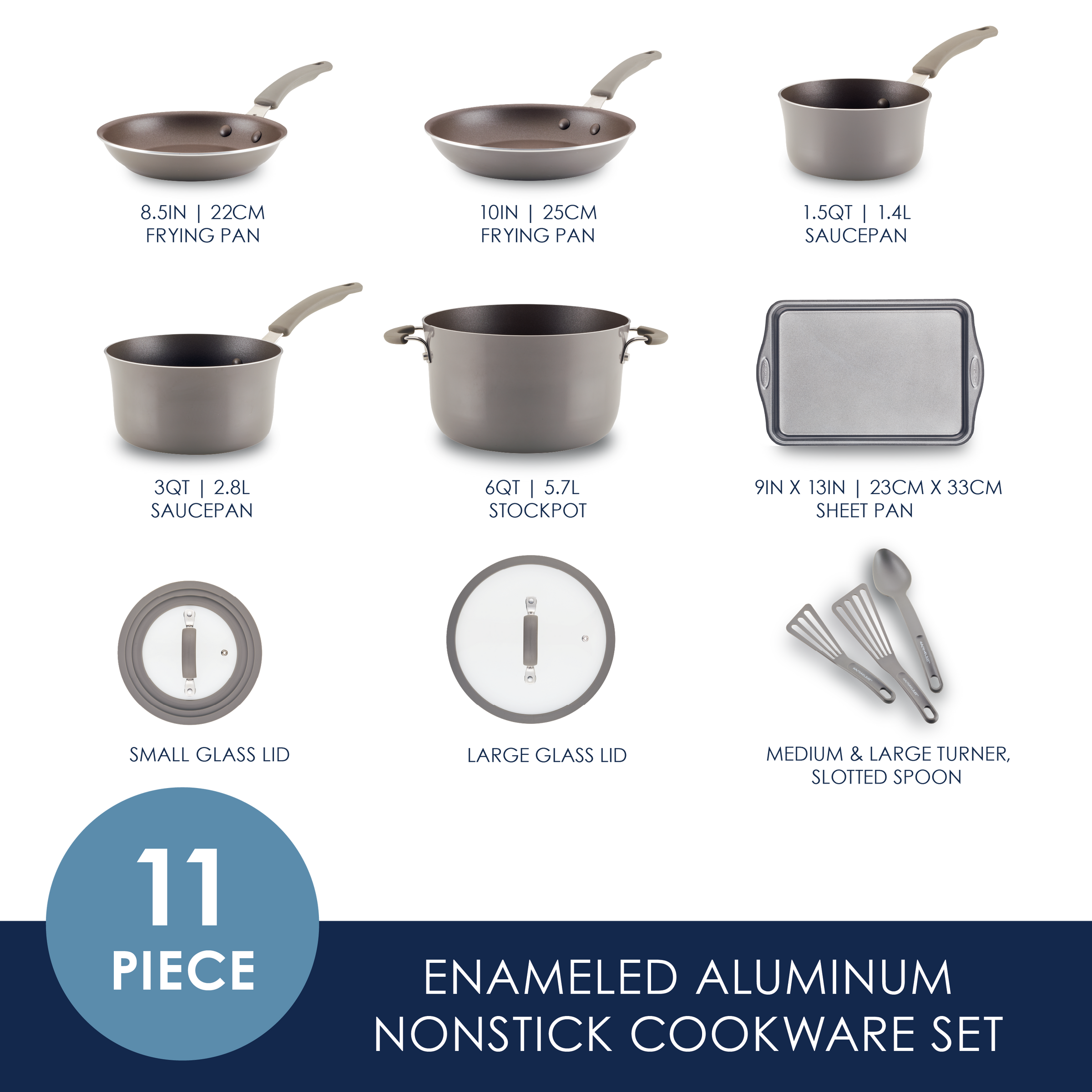 11-piece enameled aluminum nonstick cookware set with utensils and lids.