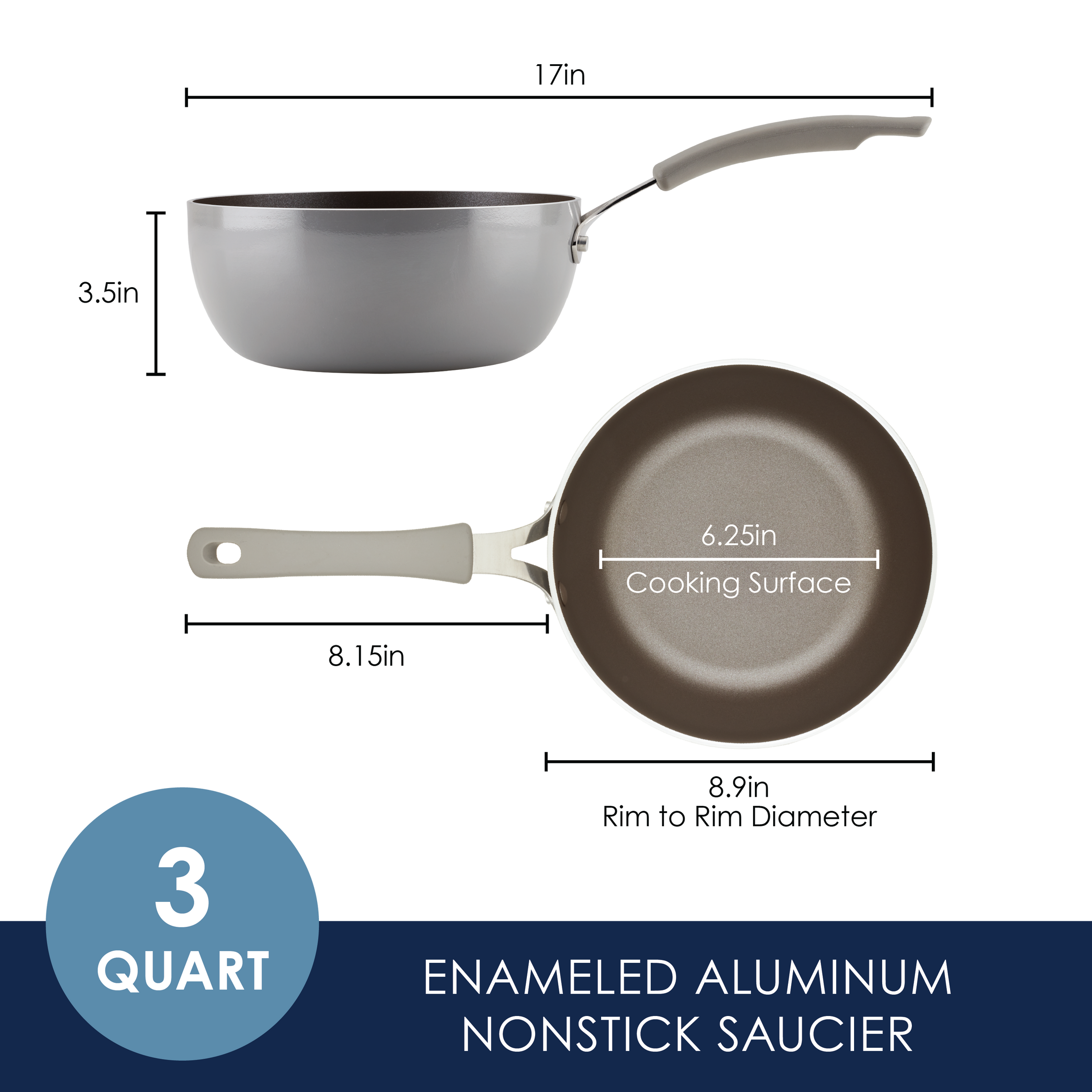 3-quart enameled aluminum nonstick saucier with 6.25in cooking surface.