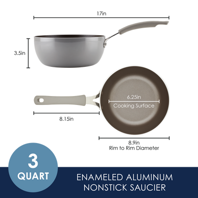 3-quart enameled aluminum nonstick saucier with 6.25in cooking surface.