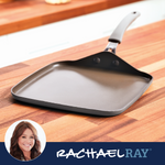 Square griddle pan on a wooden countertop with a logo and a person's portrait.