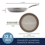 Enameled aluminum nonstick frying pan, 12.5-inch with 9-inch cooking surface.