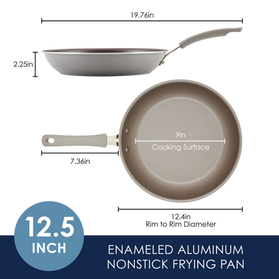 Enameled aluminum nonstick frying pan, 12.5-inch with 9-inch cooking surface.