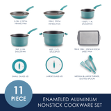 11-piece teal cookware set including pans, pots, lids, and utensils.