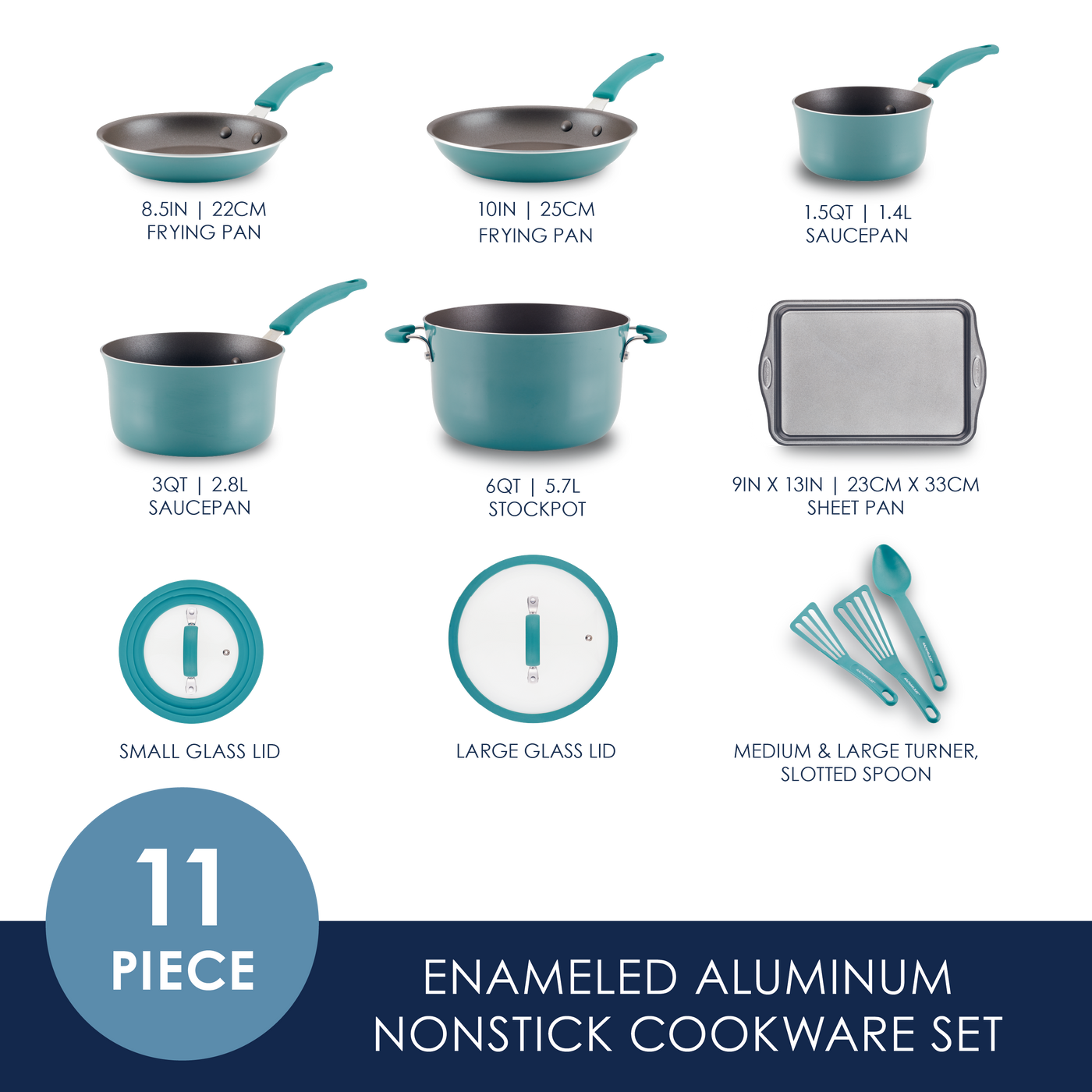 11-piece teal cookware set including pans, pots, lids, and utensils.