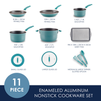 11-piece teal cookware set including pans, pots, lids, and utensils.