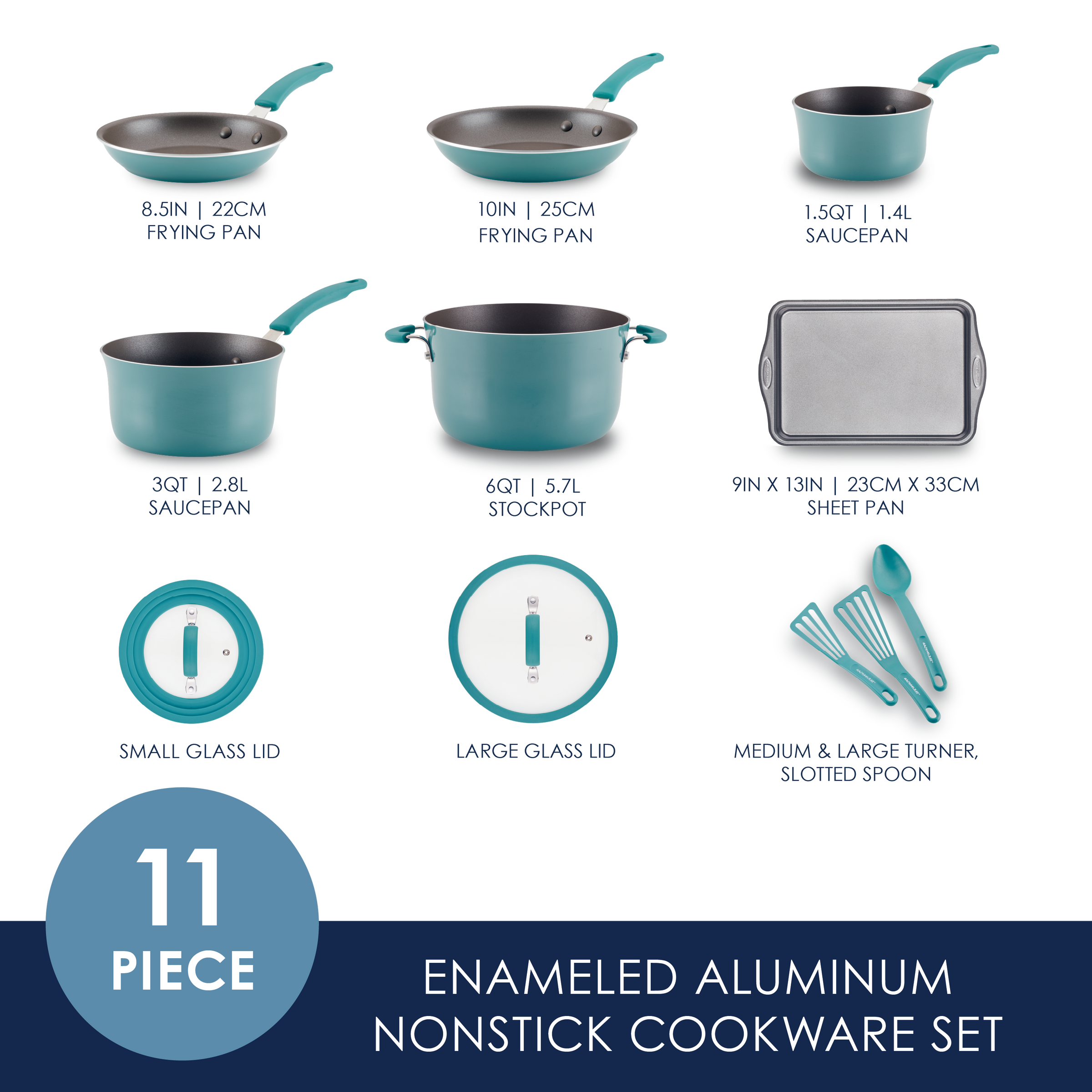 11-piece teal cookware set including pans, pots, lids, and utensils.