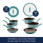 Cookware set with interchangeable silicone-rimmed glass lids.