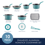 Ten-piece teal nonstick cookware set with pans, pots, lids, and a turner.