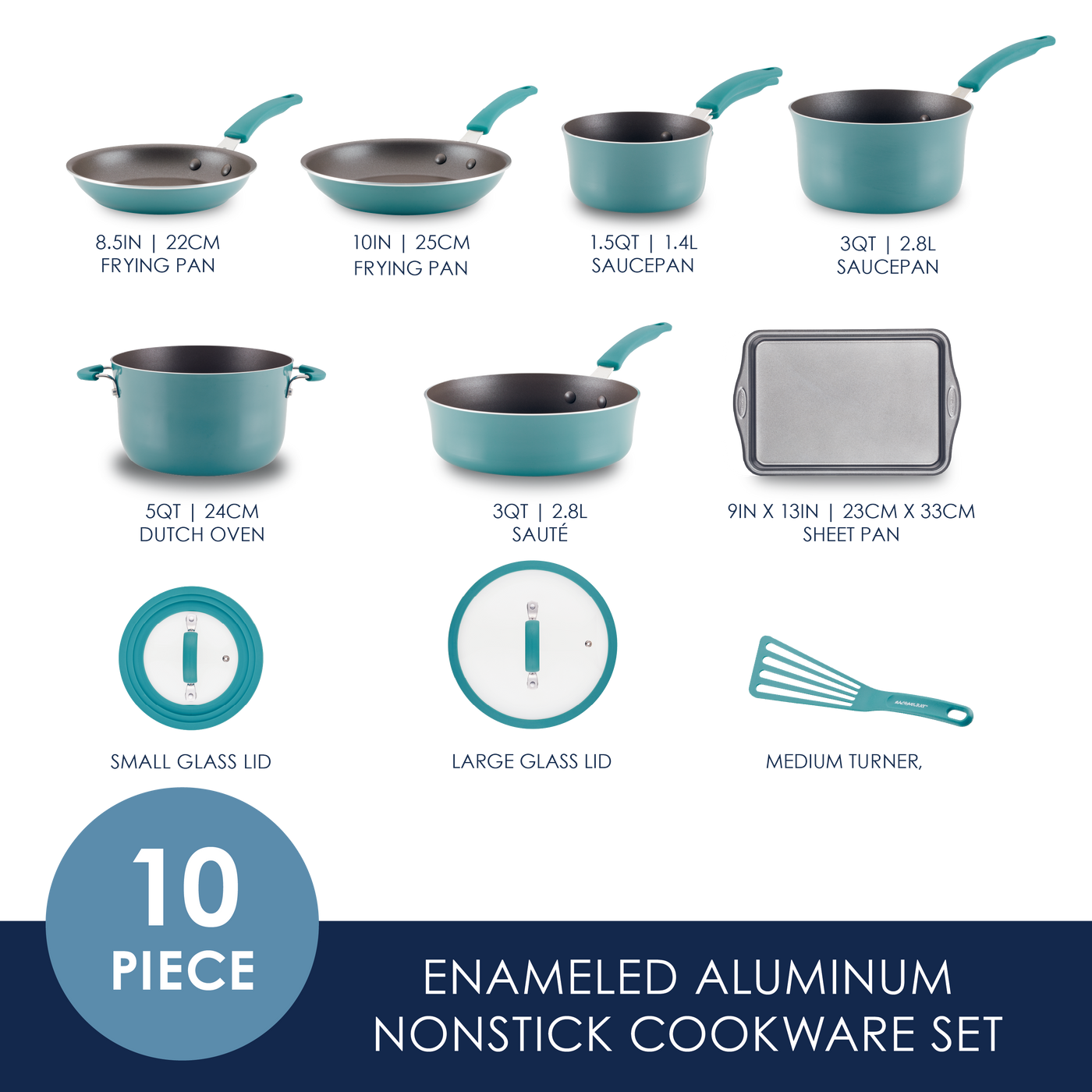 Ten-piece teal nonstick cookware set with pans, pots, lids, and a turner.