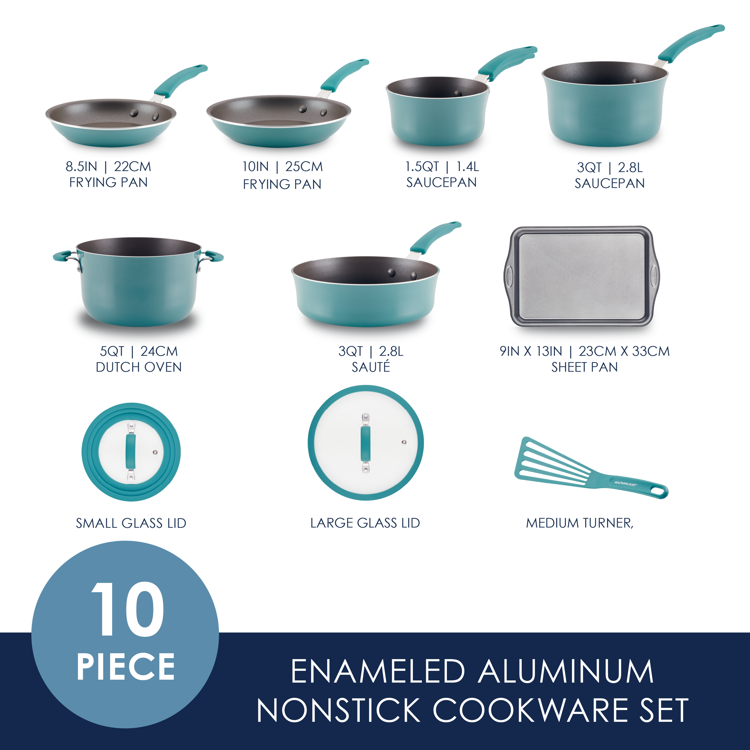 Ten-piece teal nonstick cookware set with pans, pots, lids, and a turner.