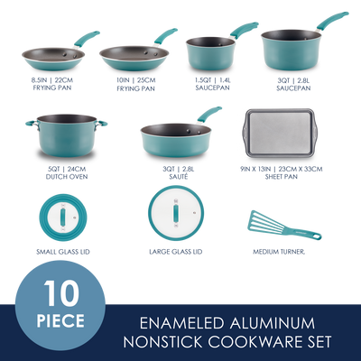 Ten-piece teal nonstick cookware set with pans, pots, lids, and a turner.