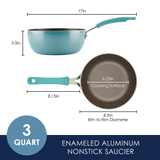 Enameled aluminum nonstick saucier, 3-quart capacity, blue handle.