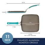 Square nonstick griddle with measurements and teal handle shown.