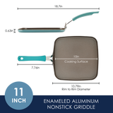 Square nonstick griddle with measurements and teal handle shown.
