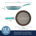 Nonstick frying pan, 12.5 inches with turquoise handle and 9-inch surface.