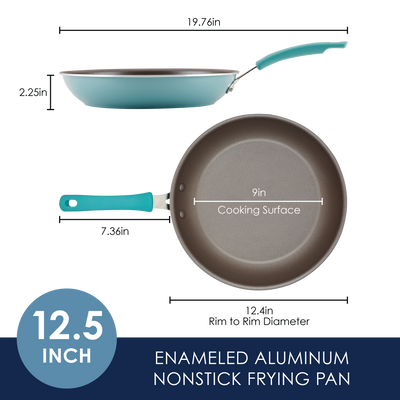 Nonstick frying pan, 12.5 inches with turquoise handle and 9-inch surface.