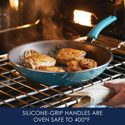 Pan with chicken and lemon in oven; silicone-grip handles mentioned.