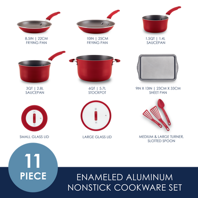 Red 11-piece enameled aluminum nonstick cookware set displayed.