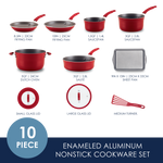 Red enameled aluminum nonstick cookware set with 10 pieces displayed.