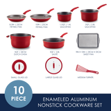 Red enameled aluminum nonstick cookware set with 10 pieces displayed.