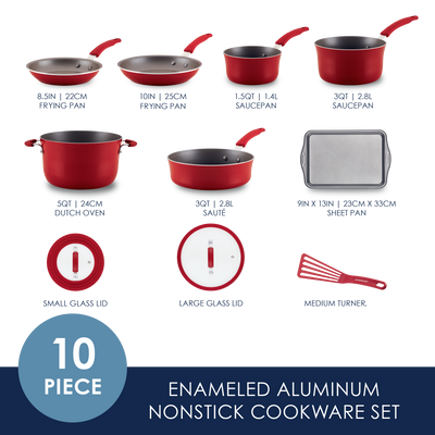 Red enameled aluminum nonstick cookware set with 10 pieces displayed.