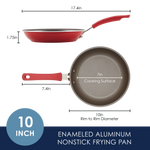 Red enameled aluminum nonstick frying pan, 10-inch size, with red handle.